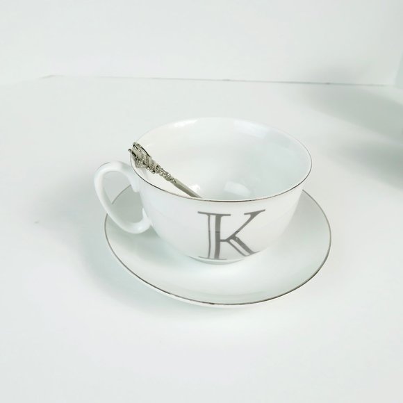 Bella Lux K Monogram Teacup, Saucer, & Spoon Holiday Collection White Silver - Picture 3 of 7